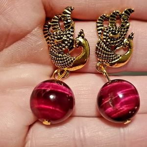 New Gold Peacock and Round Red Tiger Eye Gem Earrings.